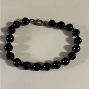 Black Onyx Beaded Bracelet with Gold Clasp
